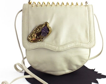 Cream Vintage Vinyl Purse with Amethyst & Gold Metal Detail and Notebook Coil