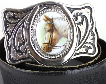 Pferde Bild auf Silber Schnalle Schwarz Leder Westerngürtel Gr. 36/Cowgirl