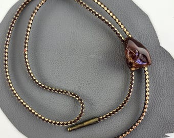 Reddish Brown Stone Vintage Bolo Tie with Brown & Gold Leather Cord and Brass Aglets