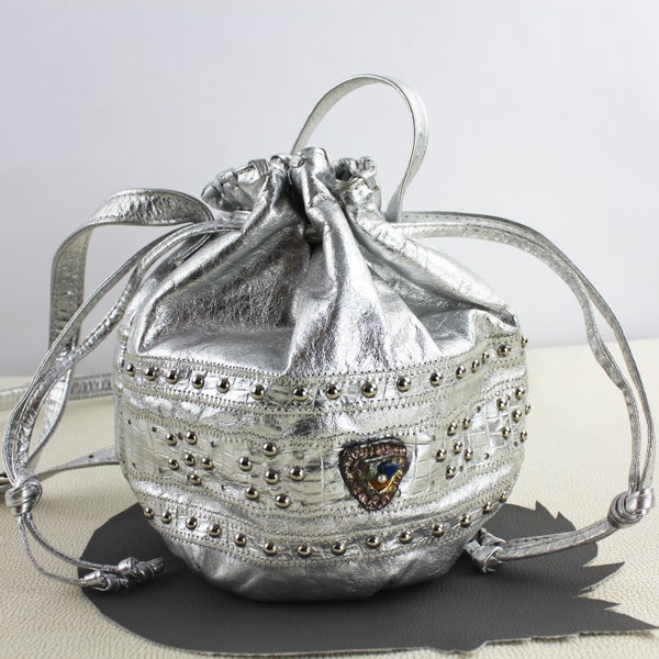 Silver Metallic Leather Studded Drawstring Bag with Long Adjustable Strap / Viva of California Purse