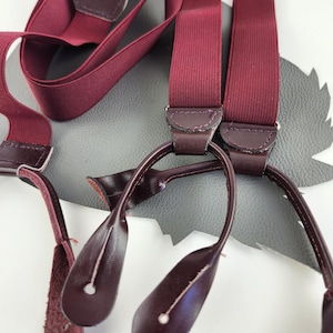 Burgundy Red Elastic and Brown Leather Vintage Suspenders - Button On Style