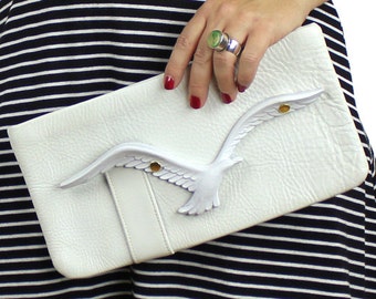 White Leather Seagull Clutch - altered vintage