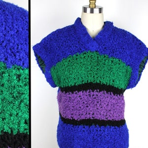 Royal Blue Purple Green Short Sleeve V Neck Chunky Knit Sweater - fully lined
