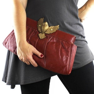 Rost Orange Rote Vinyl verändert Vintage Große Clutch Geldbörse mit Gold Love Bird