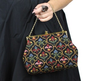 Vintage Woven Floral Black Pink Blue Yellow Green & Gold Brocade Handbag / Chain Strap Grandma Purse / Floral Purse / Colorful Brocade Purse