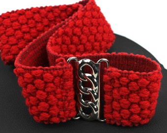 Red Nubby Elastic Belt with Silver Chain Link Buckle