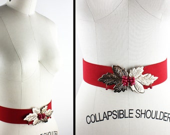 Vintage Red Elastic Belt, Red and Beige Enamel Leaf Buckle  display picture 1