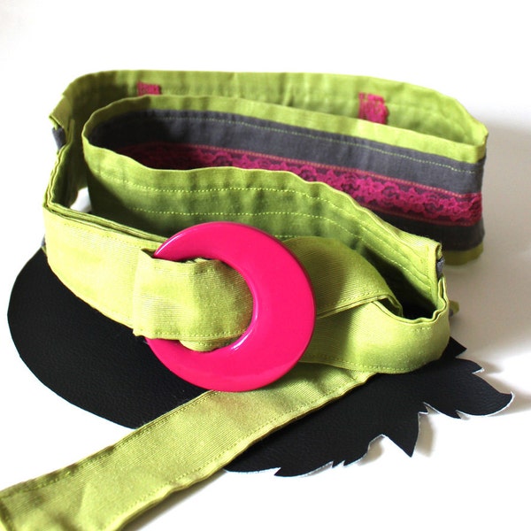 Ceinture Chartreuse rose fuchsia et gris réglable 32" à 39"