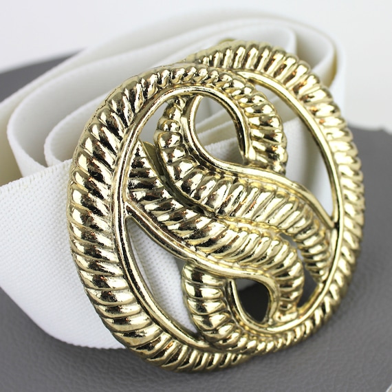 White Vintage Elastic Belt With Brass Scroll Buckle - Etsy display picture 1