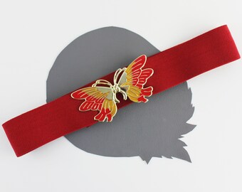 Red Yellow & Gold Butterfly Buckle Red Elastic Vintage Belt  display picture 2