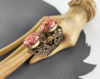 Fashion Ring Orange Faux Stones set in Brass Ornate Statement Ring Adjustable Size