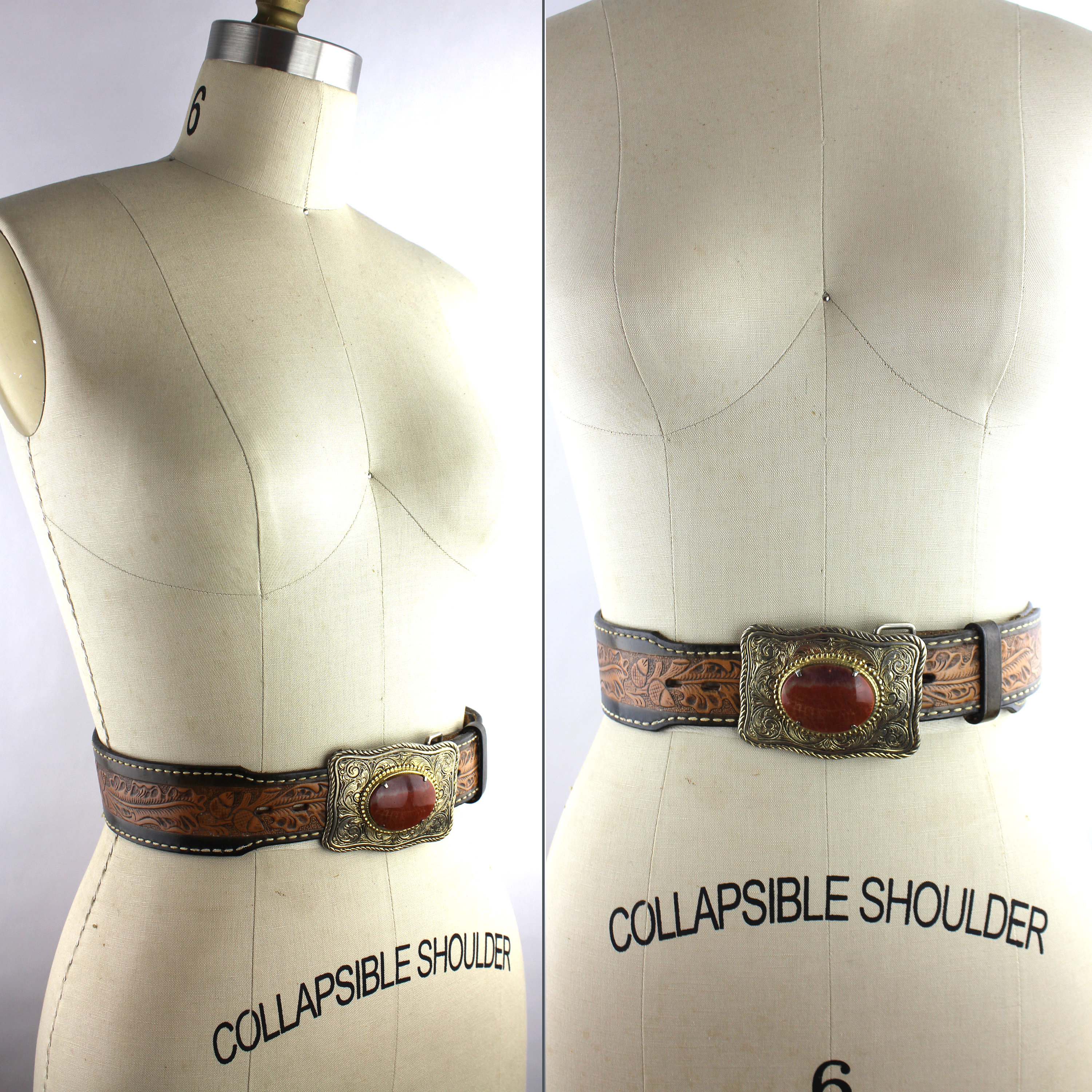 Red Stone Set in Brass Buckle on Tooled Leather Belt Unisex  display picture 3