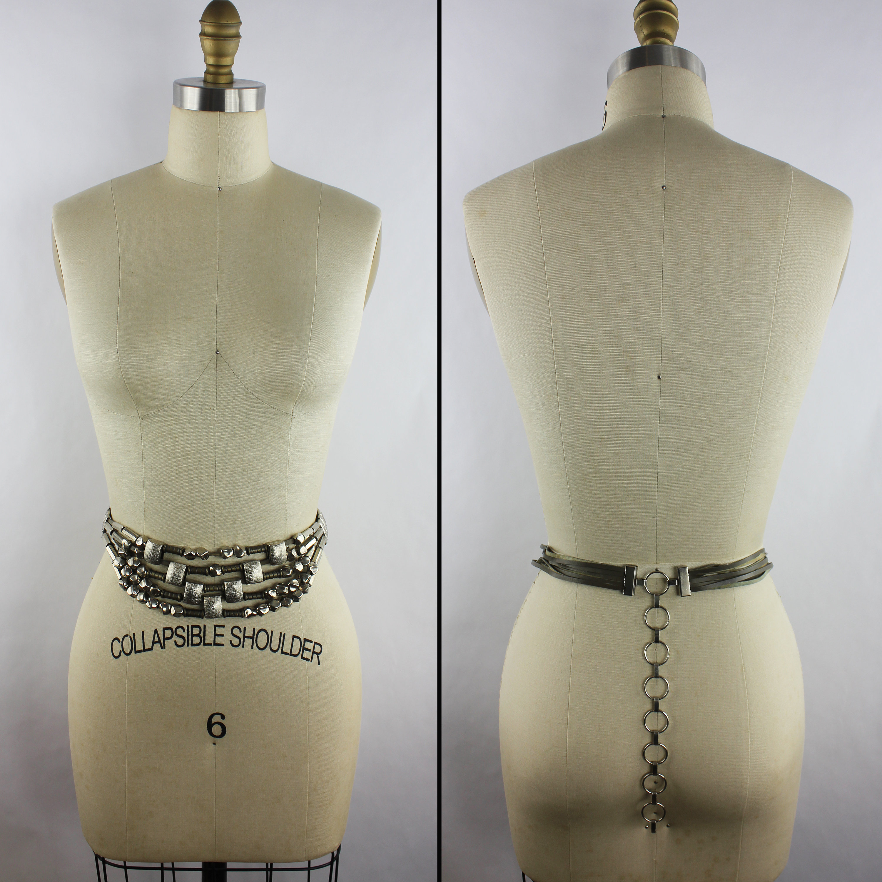 Silver Gunmetal Bronze Metal Beaded Vinyl Vintage Belt  display picture 1