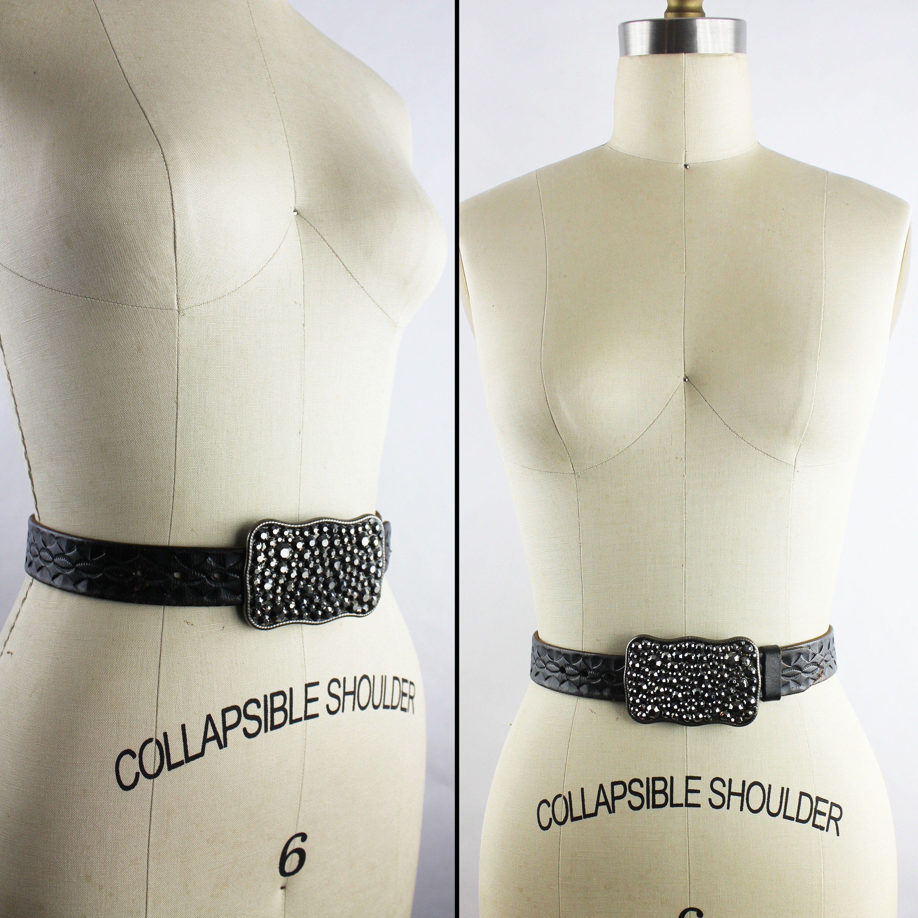 Dark Rhinestone Buckle on Black Tooled Leather Western Belt 