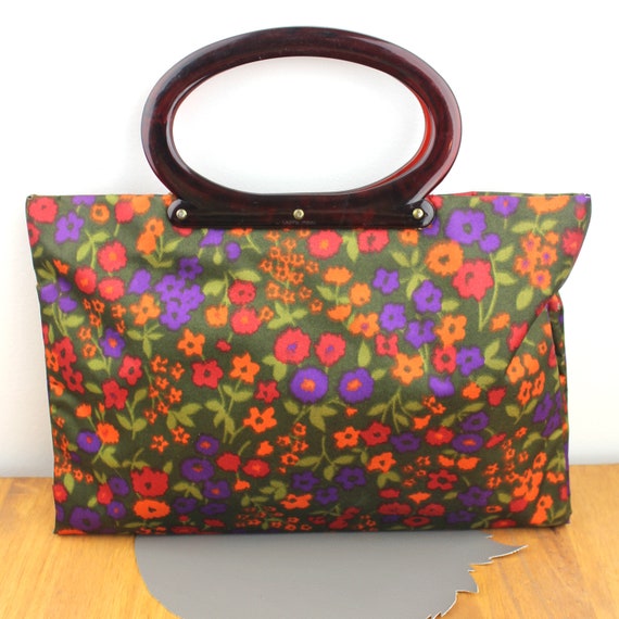 Floral Vintage Expandable Handbag With Plastic Tortoise Shell