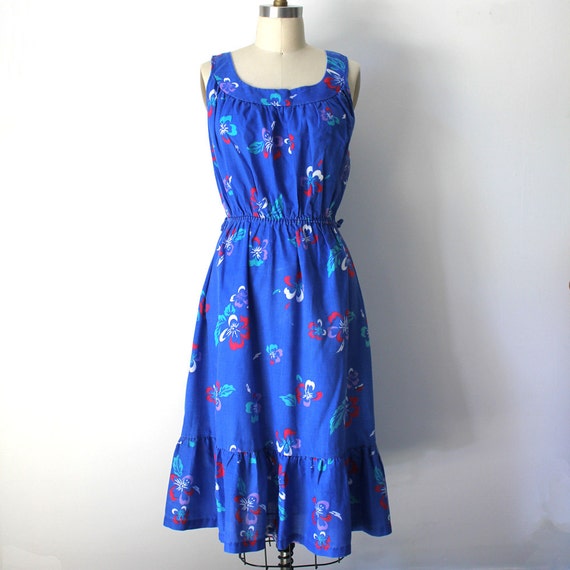 Vintage Faded Blue Floral Elastic Waist Dress - image 2