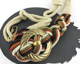 Cream Green Rust Black Knot Rope Belt with Brass Ring size M/L