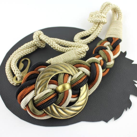 Cream Green Rust Black Knot Rope Belt with Brass … - image 1