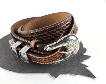 Tobacco Brown & Black Tooled Leather Justin Western Belt  display picture 1