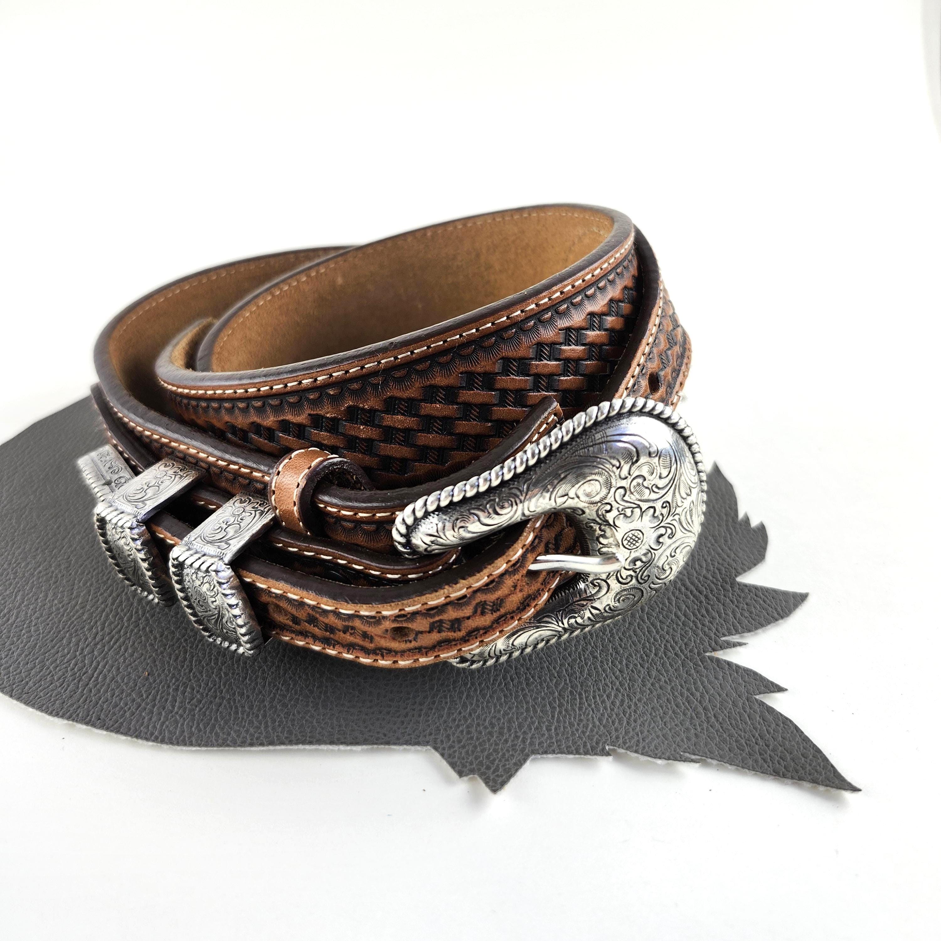 時計 PJ Wood Silver Backle with leather Belt Tobacco Brown & Black Tooled Leather Justin Western Belt With