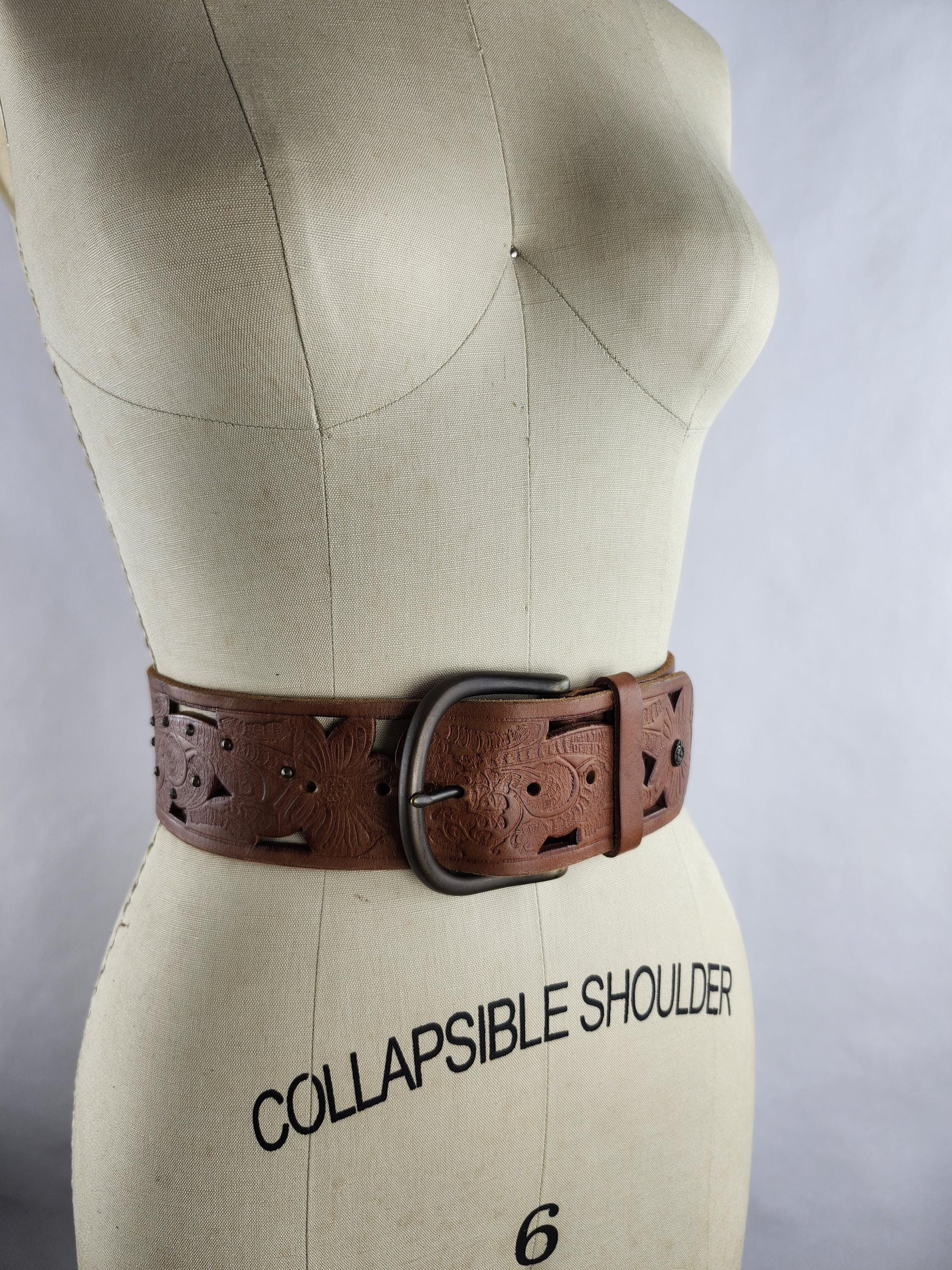 Brown Leather Wide Floral Tooled Belt With Cut Outs and 