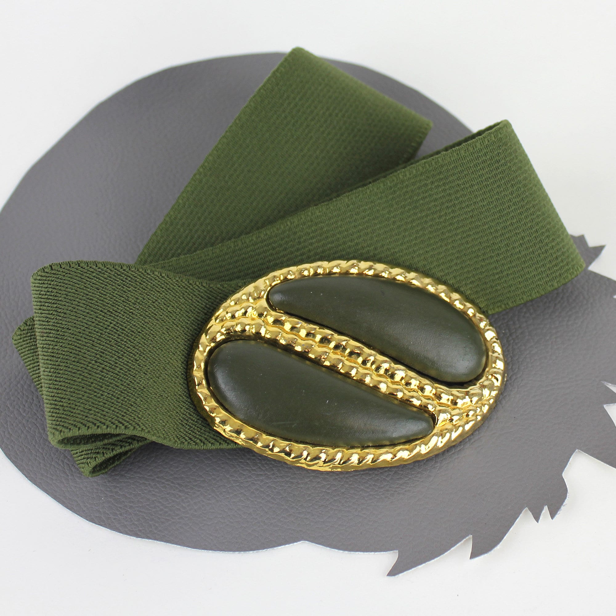 Army Green Vintage Elastic Belt With Gold and Vinyl Buckle 