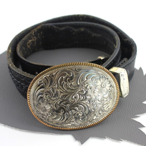 Black Leather Western Belt with Silver Paisley Bu… - image 1