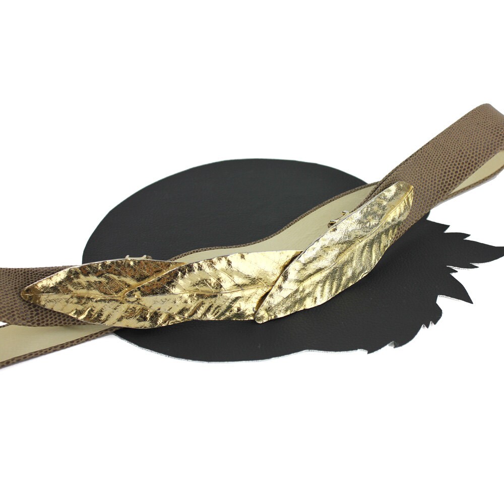 Vintage Gold Leaf Snake Belt Size S/M Goddess Gold Metal Leaf Buckle & Faux Snakeskin Belt  main image 3