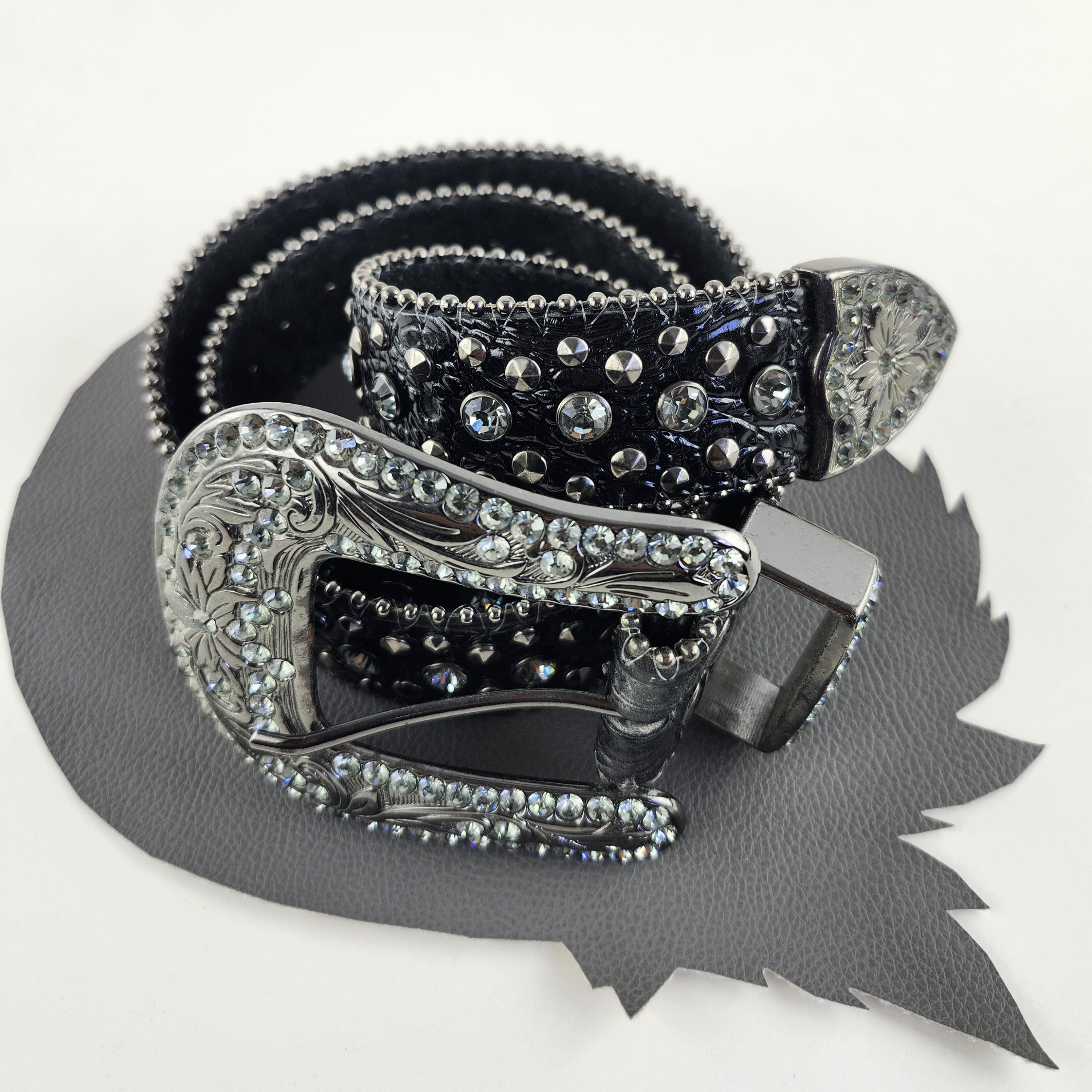 Black Leather Studs & Rhinestones Western Vintage Belt With 