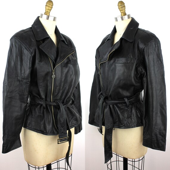 Black Leather Side Zip Belted Motorcycle Jacket - image 3