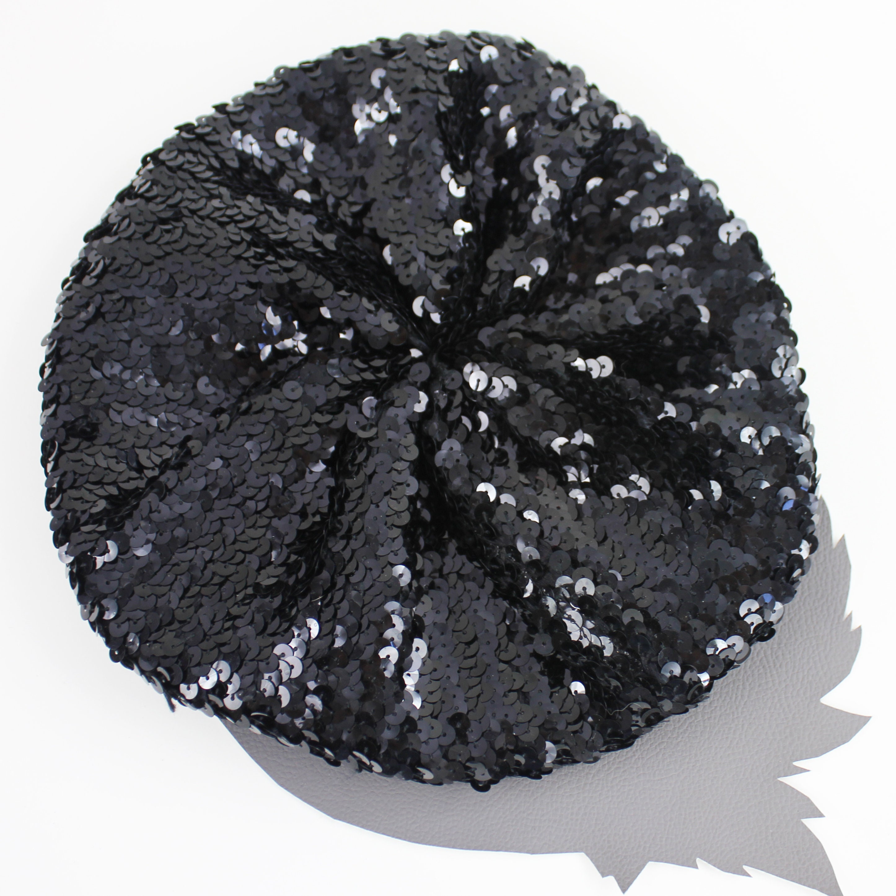 Black Sequin Vintage Beret Hat / Stretch Material