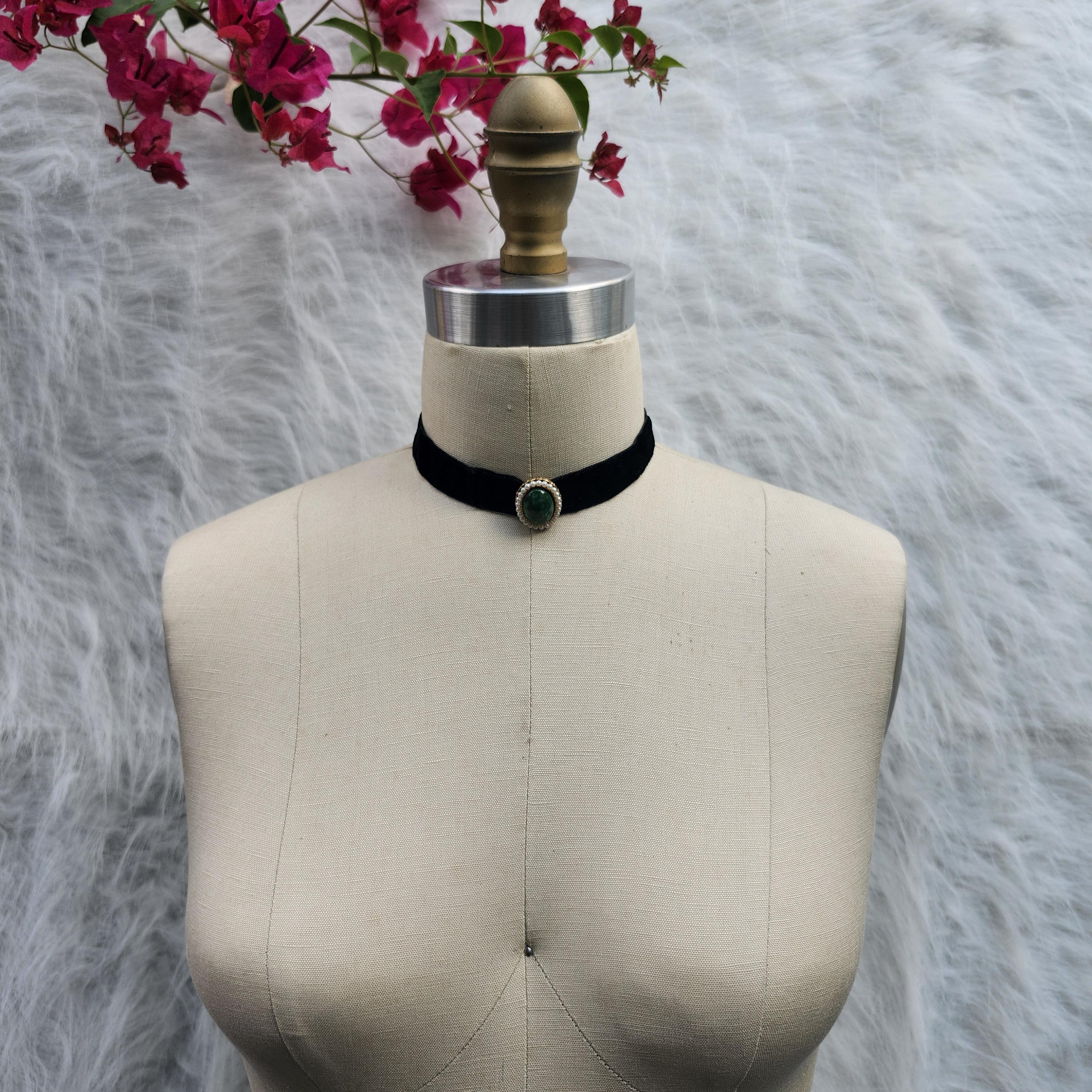 Collana Girocollo Donna In Velluto Nero Con Pietra Turchese, Handmade, Choker Regolabile 13-14 Pollici