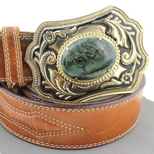 Green Stone Buckle on a Tobacco Brown Leather Belt Unisex - size 36