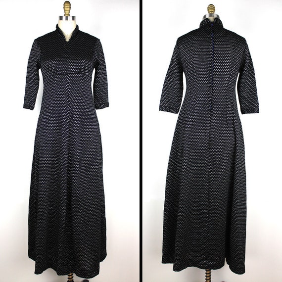Black Empire Waist 3/4 Sleeve Collared High V Neck Knit Sweater Dress with Silver Metallic Pattern Black Empire Waist 3/4 Sleeve Collared High V Neck Knit Sweater Dress with Silver Metallic Pattern