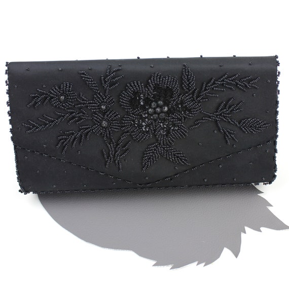 Vintage Black Floral Beaded Clutch / Beaded Eveni… - image 2