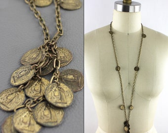 Vintage Empress Miniature Coin Charm Chain Necklace / Long Cascading Necklace