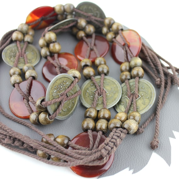 Coin & Bead Rope Belt / Beaded Cord Belt / Brown Brass