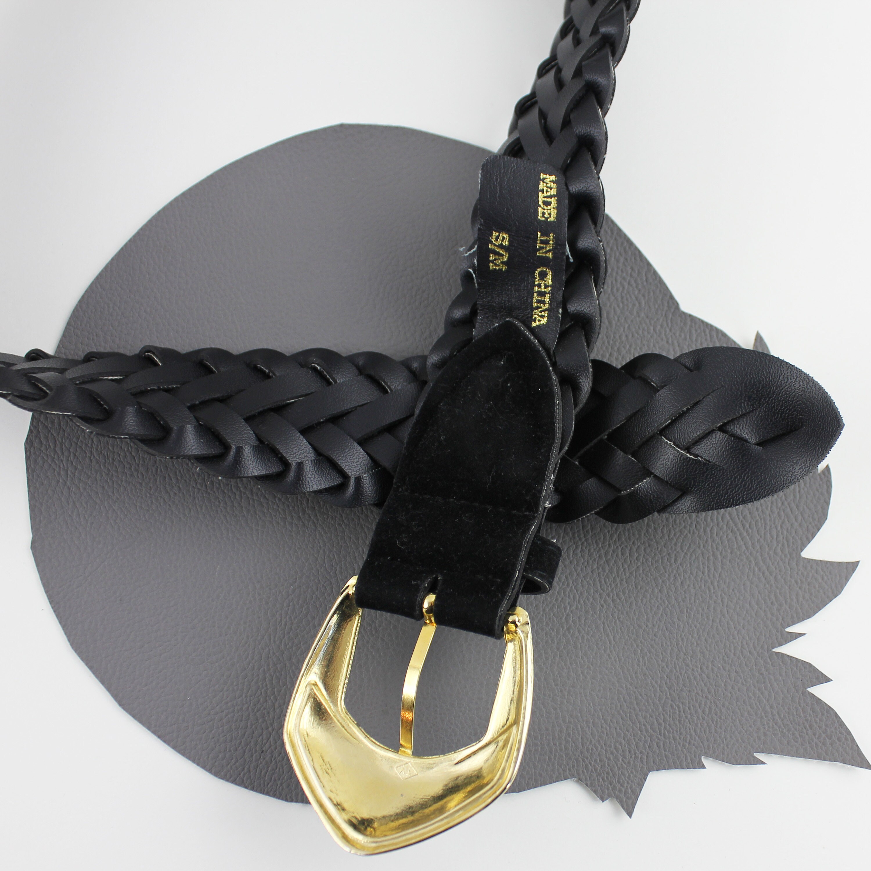 Vintage wide black velvet belt with handsome braided edges Vintage Wide Black Velvety Velour Braid Belt With Gold  main image 2