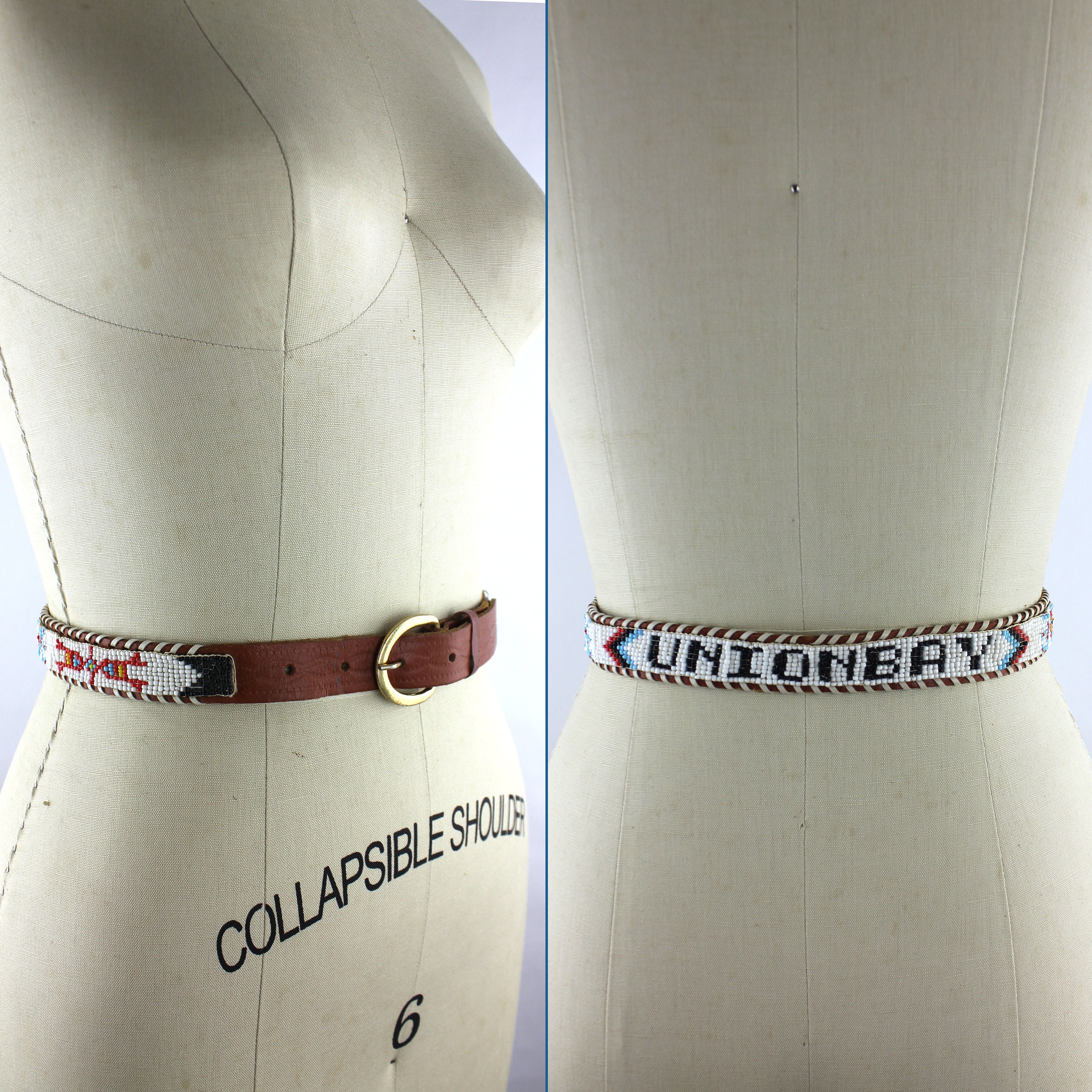 Justin Vintage Red Leather Beaded Belt Multicolor Seed Bead Western Boho Size 28 Handmade Beaded Full Grain Leather Belt: Western Aztec  main image 2