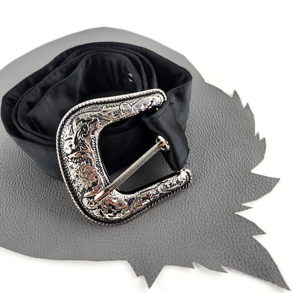 Vintage Black Satin Belt With Silver Western Buckle With  display picture 3