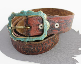 Mexico Leather Red and Black Painted Tooled Belt With  display picture 1