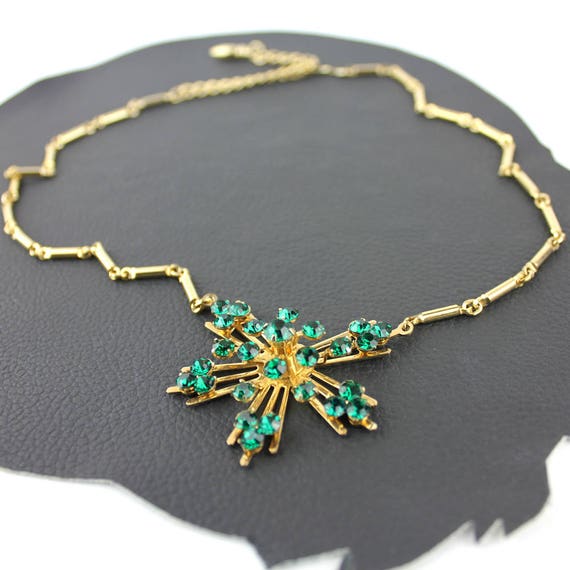 Vintage Coro Green Rhinestone & Gold Necklace