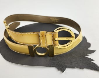 Ceinture vintage Salvatore Ferragamo jaune beurre avec boucle en