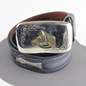 Brass & Silver Horse Buckle on Black and Gray Tooled Floral Leather Vintage Western Belt size  37/38 Equestrian Gift for Horse Lover