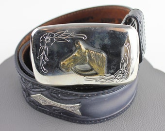 Vintage Western Black Leather Belt With Horse Buckle and 