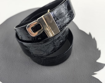 Vintage Bijan Black New Guinea Crocodile Belt with Gold b Buckle size 32 Made in Italy