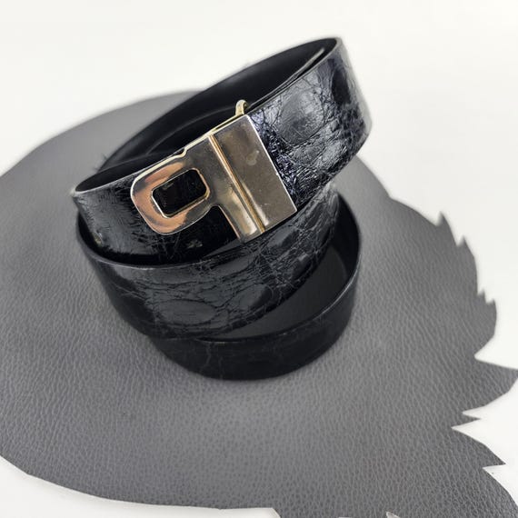 Vintage Bijan Black New Guinea Crocodile Belt With Gold B Buckle