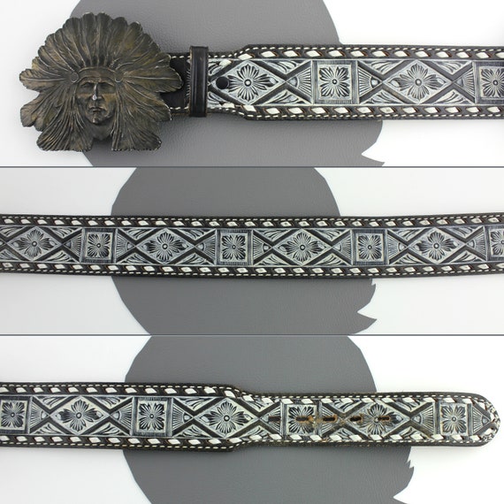 Native American Buckle on Tooled Leather Belt Size 36 38  display picture 1