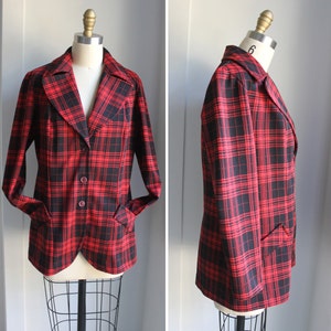 Vintage Red and Black Plaid Polyester Suit Jacket by Paris Star