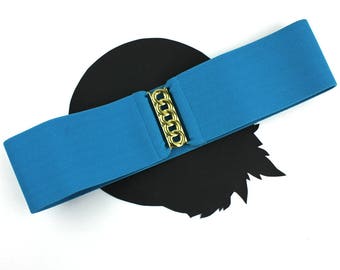 Turquoise & Gold Wide Vintage Elastic Belt - Size 30 to 34  display picture 2